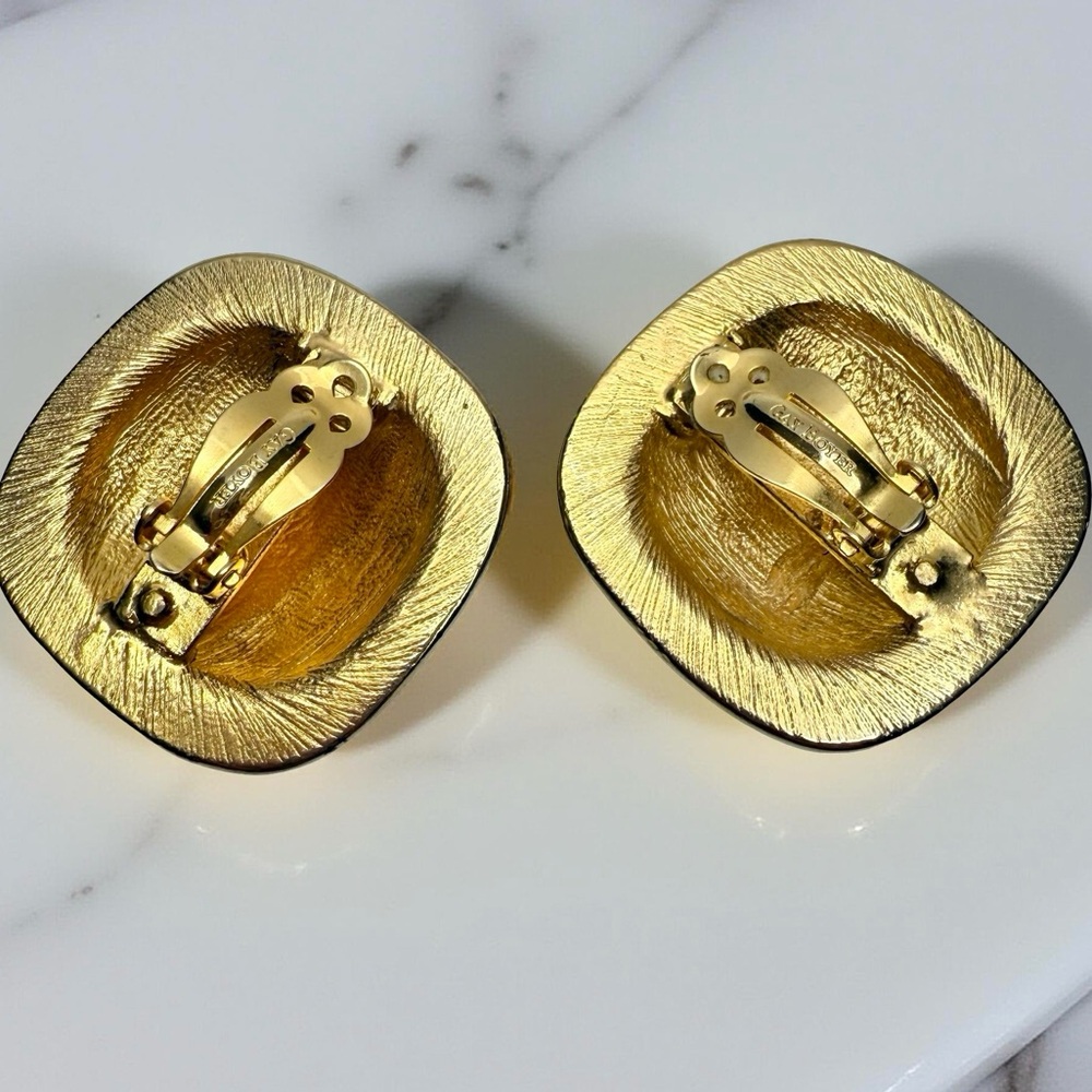 Vintage Gay Boyer Black Enamel Gold Tone Clip On Earrings 80s - Picture 7 of 10